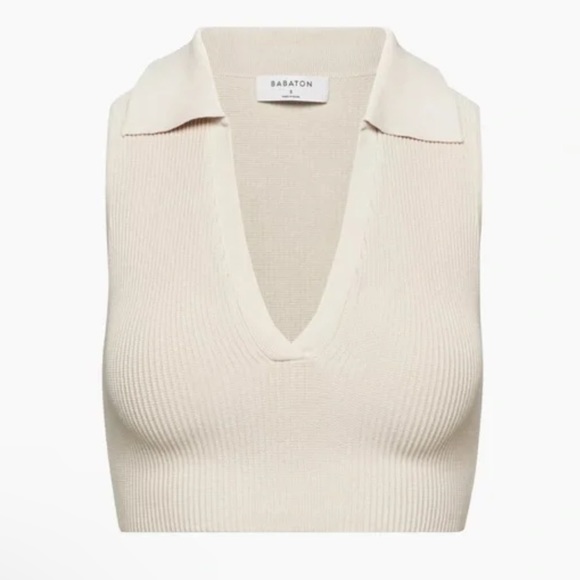 Aritzia | Babaton Sculpt Knit Polo Cropped Beige Size 2XS - Picture 1 of 9